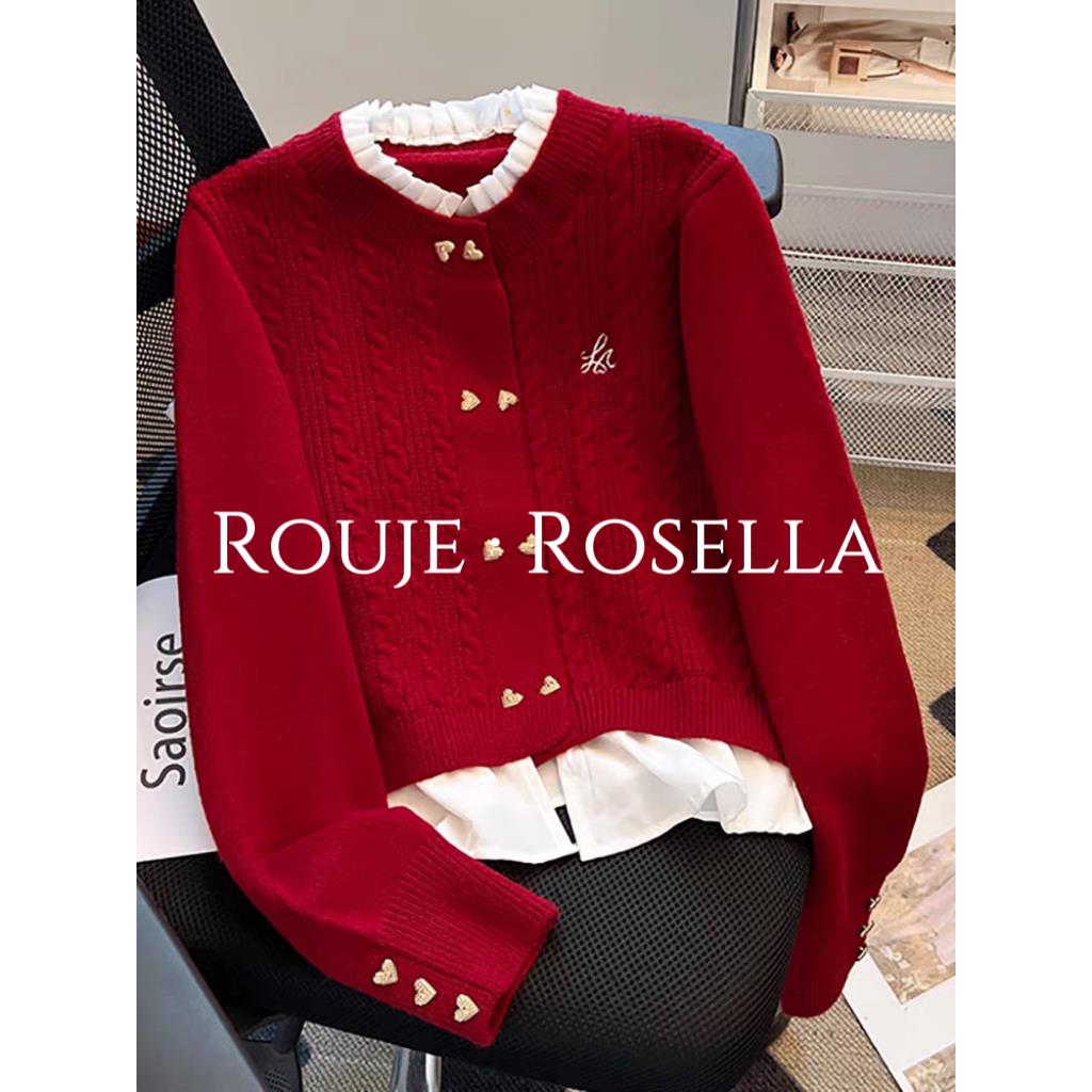 法国Rouje Rosella精致专辑木耳边气质假两件毛衣女针织开衫
