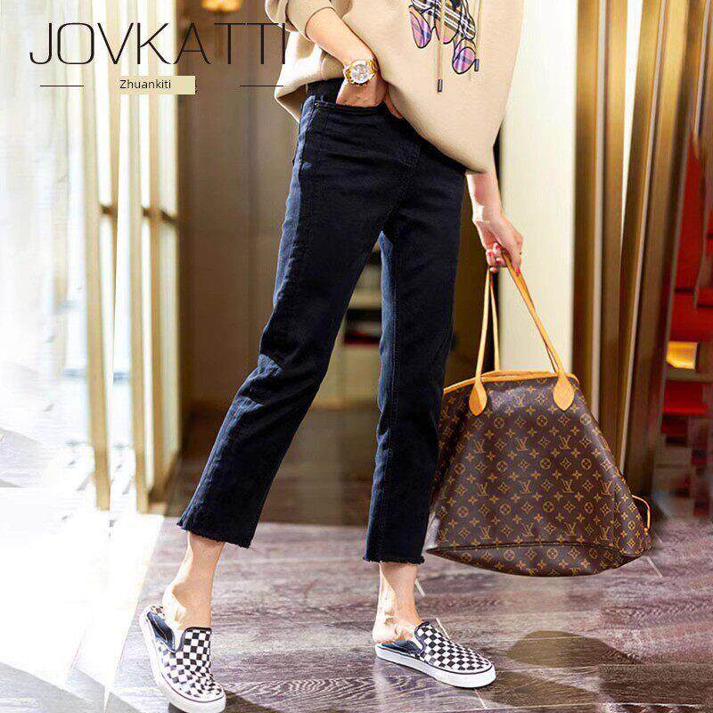 黑色直筒牛仔裤女士2025夏季新时尚小高腰修身九分法棍烟裤