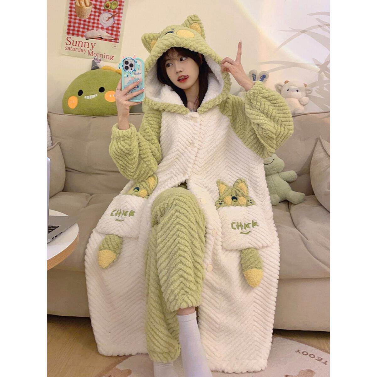 韩国Gioio Dudu猫睡衣女式秋冬珊瑚绒加厚天鹅绒睡衣家庭服装套装