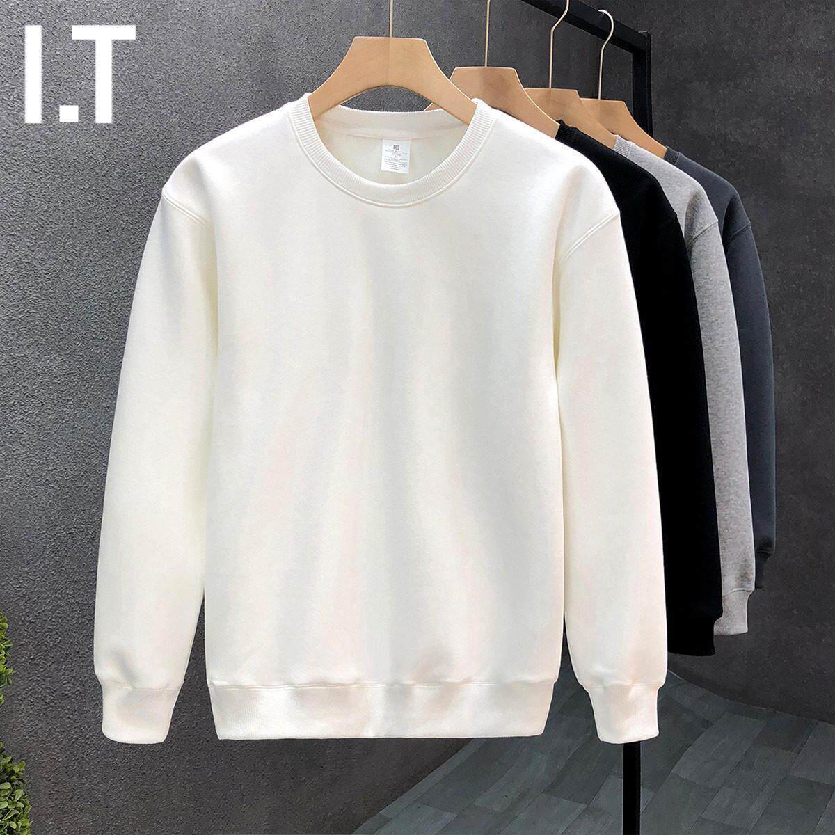 潮牌春秋款简约纯色圆领卫衣男士白色长袖T恤休闲套头修身打底衫