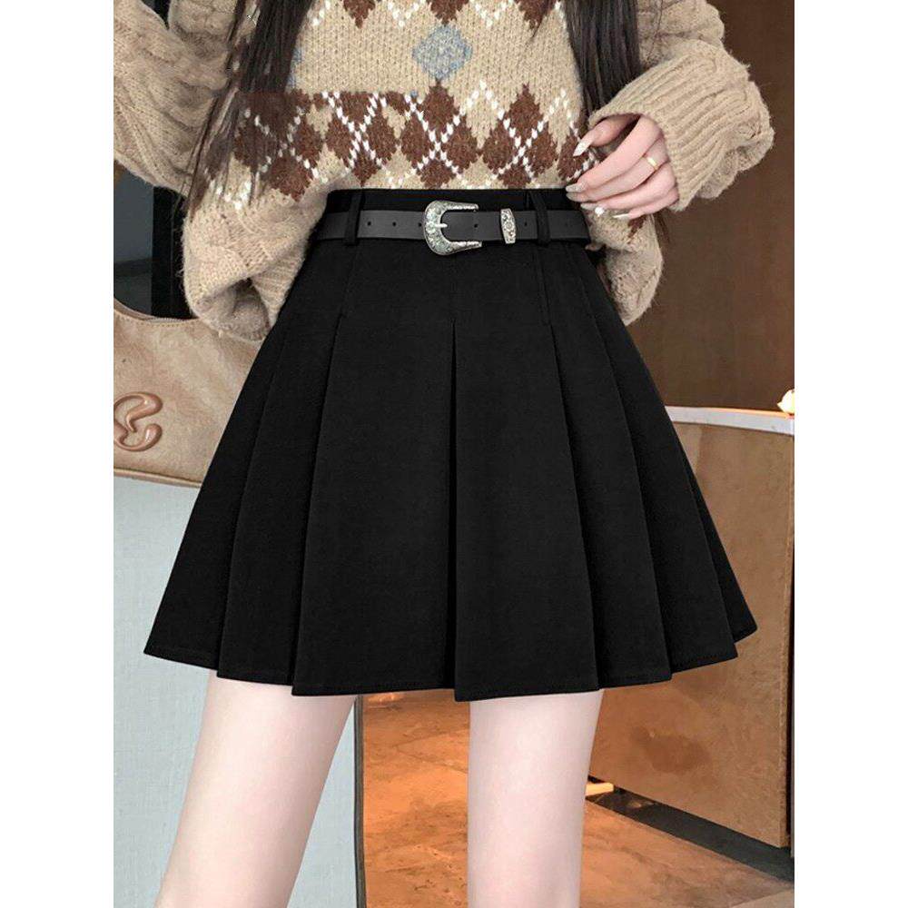 Rouje Dsyle黑色毛呢半身裙女秋冬新款小个子高腰a字百褶裙短裙子