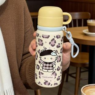 2025新款 不锈钢高颜值吸管女生大容量手柄保温杯 豹纹小猫水杯爆款