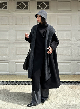 ELSISSI高级感立领双面羊绒羊毛大衣女冬2025黑色小个子毛呢外套