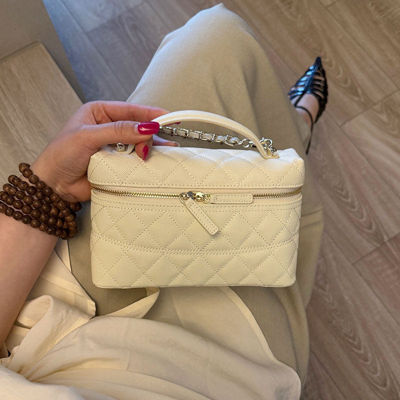 小香风迷你鱼子酱牛皮盒子包女新款真皮菱格链条斜挎小包包饭盒包