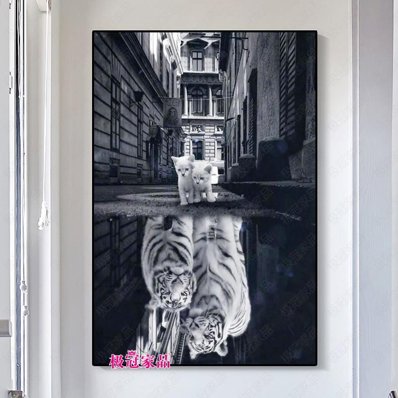 钻石绣新款可爱猫咪动物图案钻石画满钻老虎倒影客厅贴钻十字绣