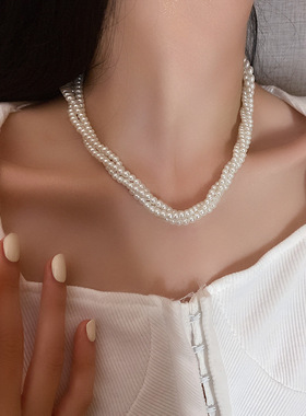Multi layer winding necklace 多层缠绕仿珍珠项链hoker锁骨链女
