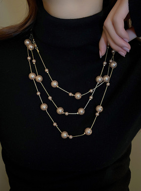 欧美夸张超长款珍珠多层叠戴项链