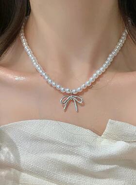 轻奢小众高级感仿珍珠蝴蝶结项链