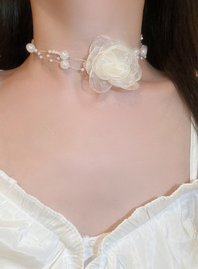 Mesh Flower Necklace 超仙三层仿珍珠网纱花朵hoker项链脖子项饰