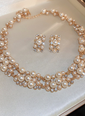 2-piece earring necklace set 2件套复古镶钻珍珠hoker耳钉项链