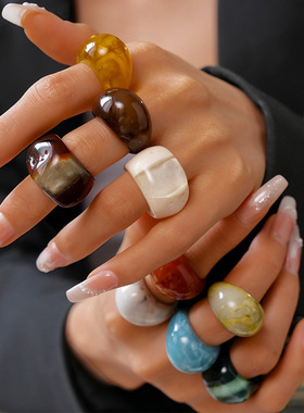 复古糖果色树脂椭圆戒指食指戒女