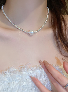 Broken silver necklace 冷淡感碎银形仿珍珠hoker项链个性锁骨链