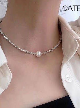 S999纯银碎银子项链女款珍珠锁骨