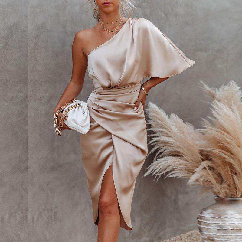 欧美风性感单肩斜领露肩褶皱包臀裙中长款开叉礼服聚会晚装连衣裙,女装/女士精品,连衣裙,淘宝优惠券,粉丝福利购,淘宝优惠卷