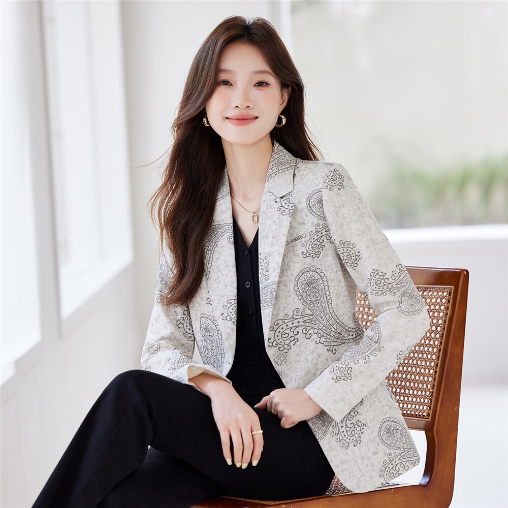 2025秋装新款印花气质时尚长袖一粒扣西装小外套女修身显瘦职业装