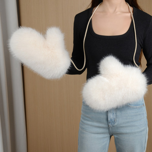 2025新款毛茸茸女士可爱仿狐狸皮草冬加厚毛绒连指大毛毛手套挂脖