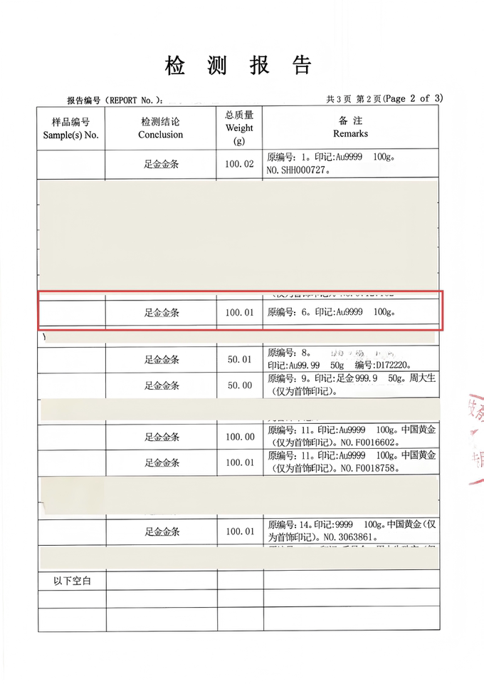 20、中国黄金投资金条1件（重约100g）
