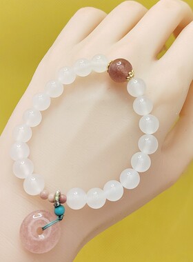 正品香积白玛瑙荔枝冻草莓晶平安扣手串小清新手链复古原创设计女