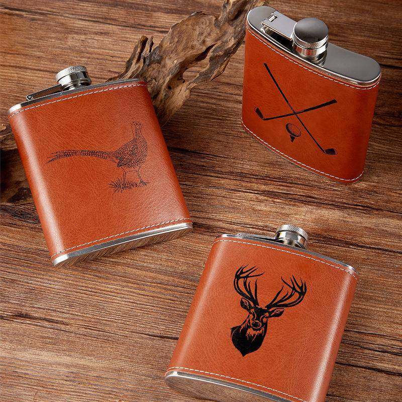 304不锈钢酒壶7盎司加厚随身便携酒具贴皮小酒壶男女士礼品扁酒壶