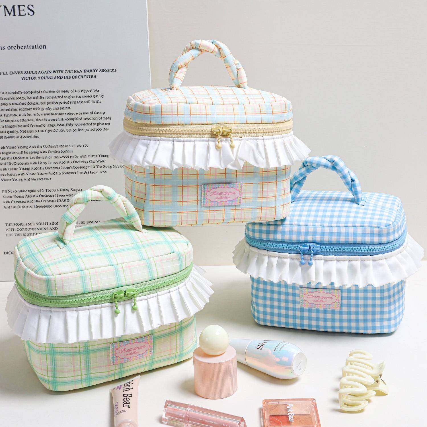 甜美日系褶皱裙边手提化妆包大容量便携撞色洗漱包彩色格纹美妆包,收纳整理,其他收纳袋,淘宝优惠券,粉丝福利购,淘宝优惠卷
