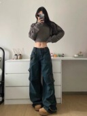 复古多口袋阔腿工装 牛仔裤 女2025新款 美式 高腰宽松显瘦直筒拖地裤