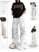 hiphop美式 子 裤 街头设计感白色牛仔裤 女阔腿直筒vibe欧美高街工装