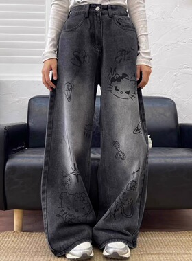 y2k千禧黑色TK猫卡通涂鸦牛仔裤女2025新款亚文化阔腿拖地裤子ins