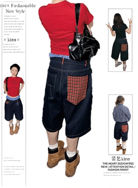 美式街头红色格子拼接七分牛仔短裤女高街复古显瘦直筒阔腿中裤子