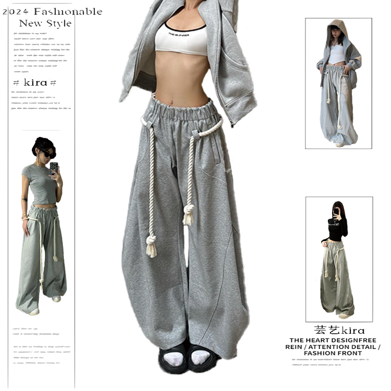 美式复古弯刀阔腿运动休闲裤女