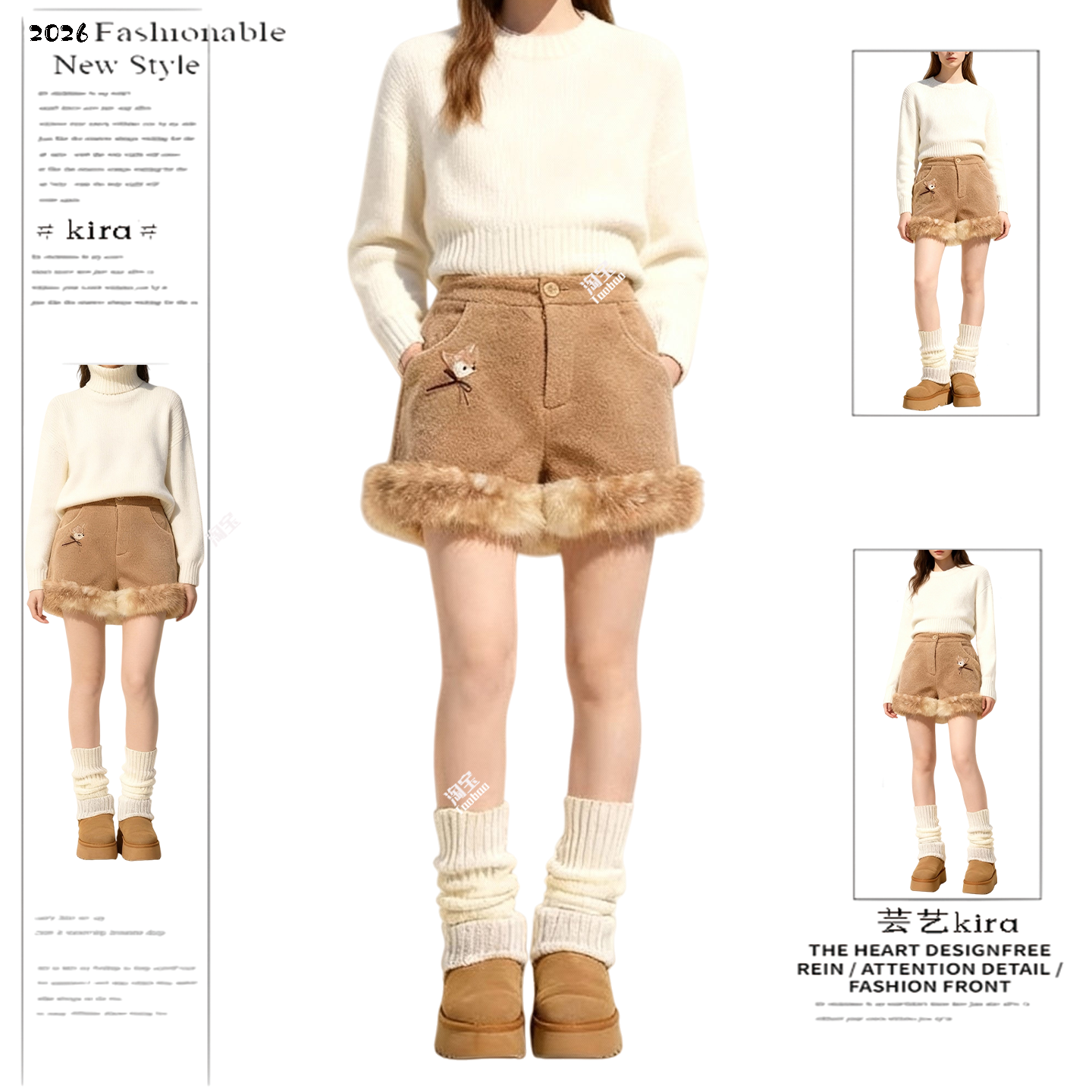 日系甜美风毛绒边休闲短裤女冬季新款设计感小鹿刺绣时尚百搭短裤,女装/女士精品,短裤,淘宝优惠券,粉丝福利购,淘宝优惠卷