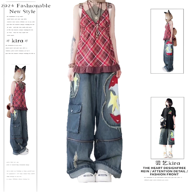 可拆卸涂鸦牛仔裤女七分牛仔短裤