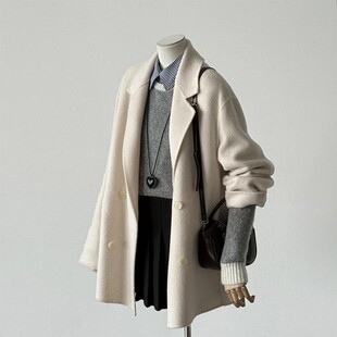 米白色短款双面羊绒大衣女秋冬新款高级感韩系小个子毛呢外套