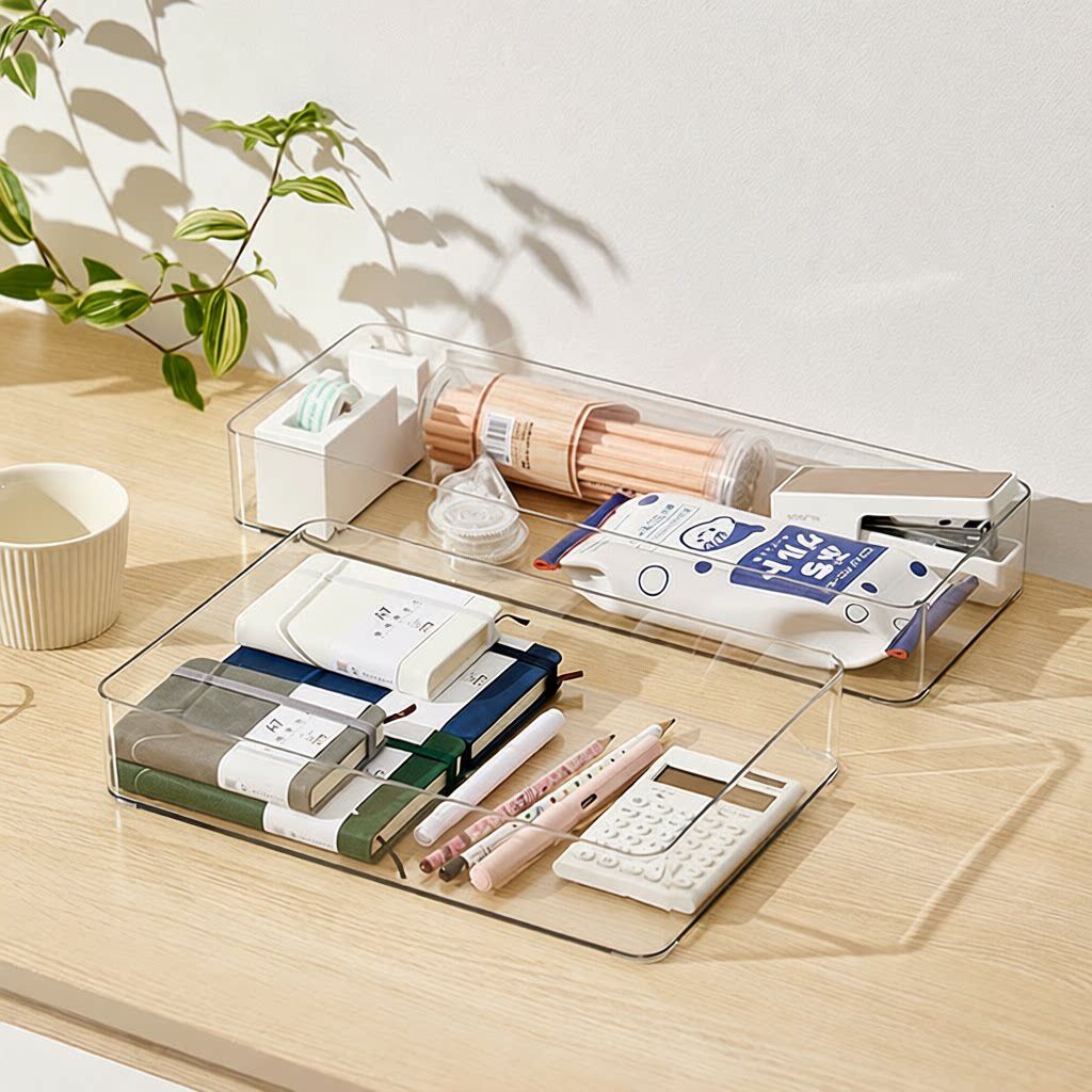 镜柜抽屉透明杂物化妆品口红洗漱窄长盒带盖文具眉笔刷桌面收纳盒