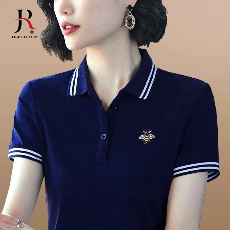 高级感短袖t恤女夏季新款冰丝薄款时尚翻领短款小众法式中年上衣