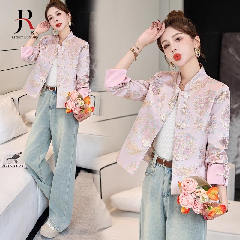 新中式国风外套女装2025春季小个子复古盘扣提花修身立领唐装上衣,女装/女士精品,汉服上装,淘宝优惠券,粉丝福利购,淘宝优惠卷