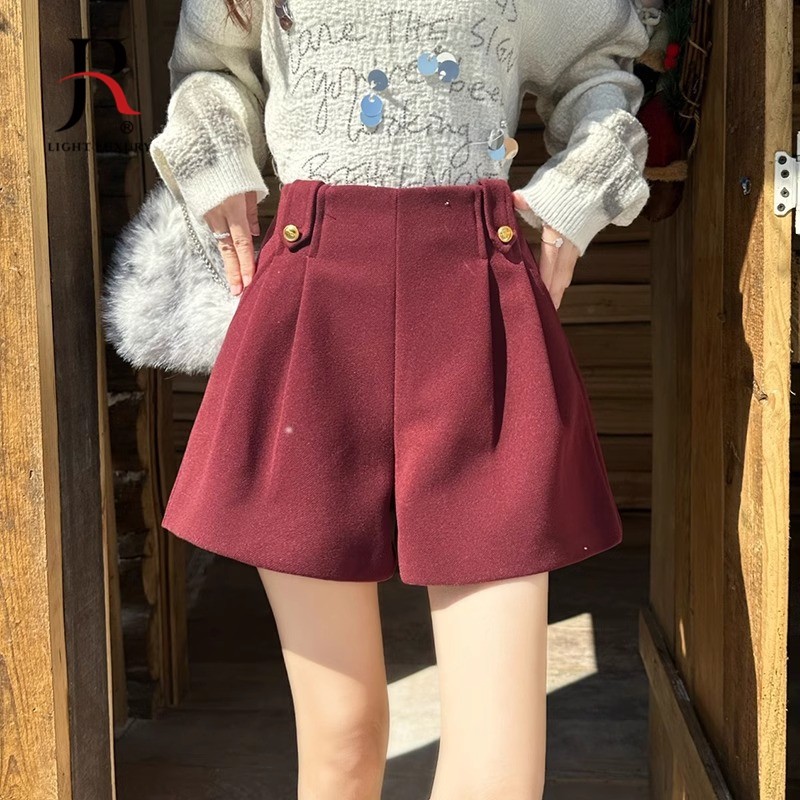 加厚毛呢短裤女2025年春秋季时尚高腰休闲阔腿裤百搭外穿A字靴裤