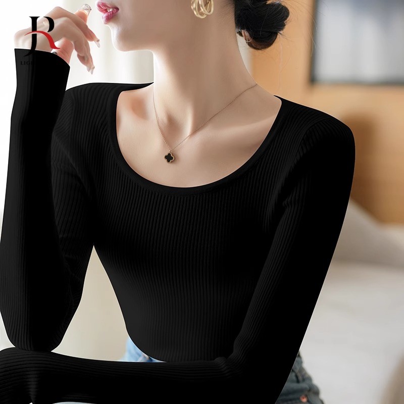 jqrx针织衫女长袖打底早春圆领2025新款低领白色紧身毛衣内搭上衣