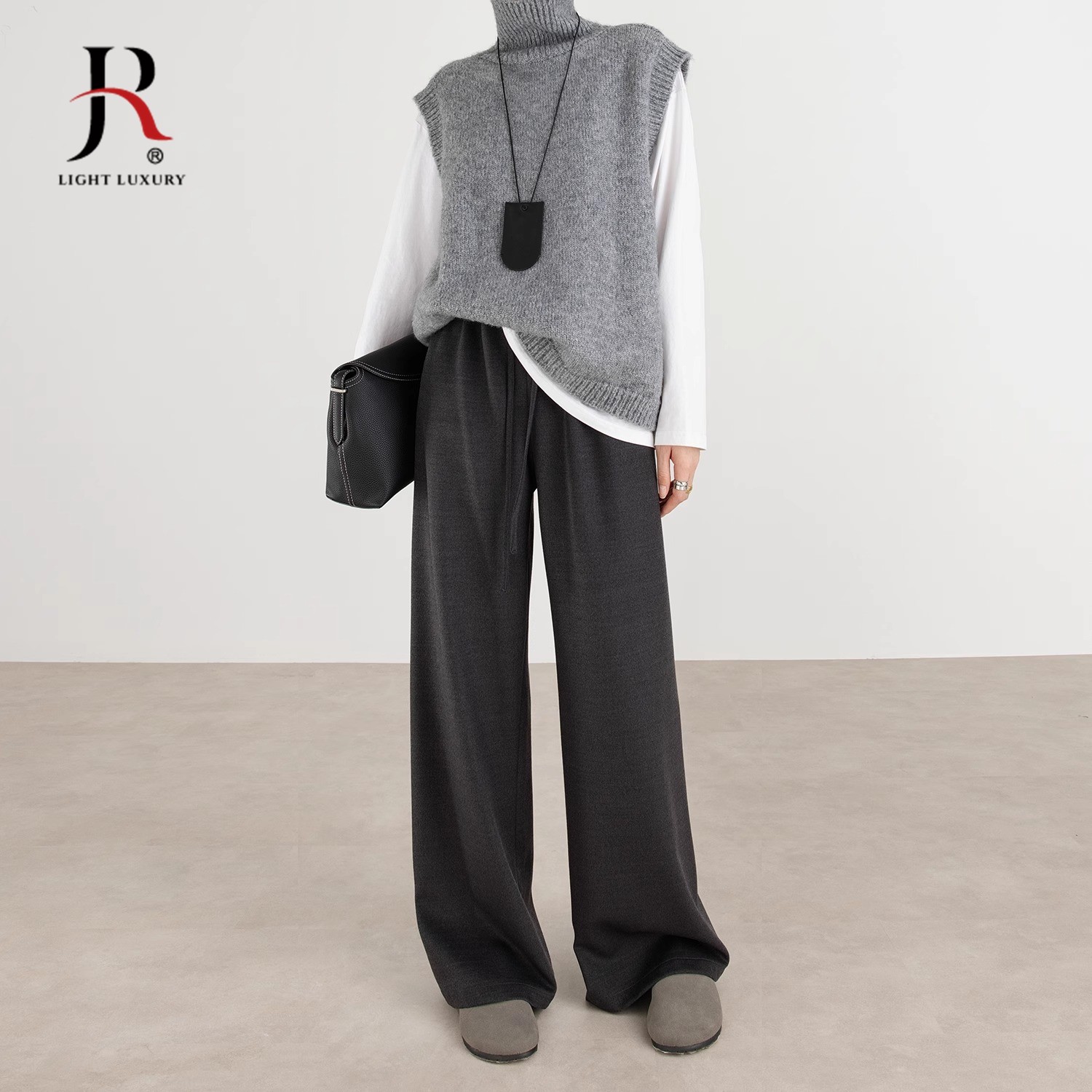 休闲阔腿裤女早春2025新款宽松慵懒松弛感毛呢高腰直筒垂感糯米裤