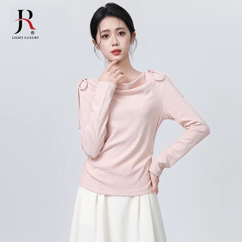 粉色荡领长袖T恤女2025春秋新款一字领系带露肩内搭打底短款上衣