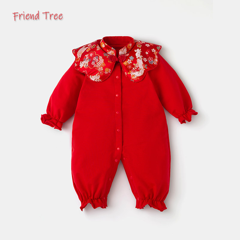 女宝宝连体衣婴儿中国风哈衣爬服新生儿满月百天周岁礼服连身衣服