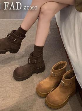 法国Fad Zomo女短款棉靴秋冬季复古百搭小个子厚底短靴休闲雪地靴