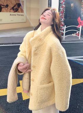 Lily Most奶油黄色小羊羊毛夹克女士2024冬季新款小宽松保暖增厚