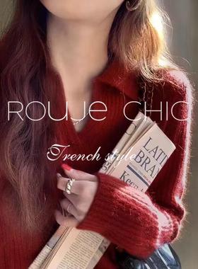 法国Rouje Chic法式小众新年红色V领长袖针织衫毛衣女秋冬季上衣