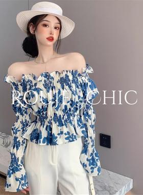 法国rouje chic法式别致一字肩上衣女秋冬季碎花衬衣露肩长袖衬衫