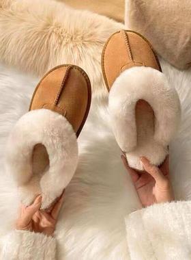 英国DHWA厚底雪地靴鞋女外穿包头保暖毛毛鞋一脚蹬棉鞋冬季潮