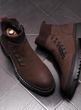 男鞋冬季2025新款真皮高帮休闲马丁靴厚底内增高棉鞋加绒保暖皮靴