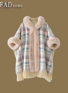 法国Fad Zomo拼接毛呢斗篷外套女冬加绒加厚格子披肩外搭连帽披风