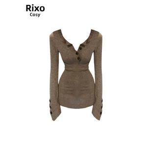 RIXO 针织连衣裙女收腰毛线御姐风包臀裙 COSY2025秋冬v领纽扣长袖