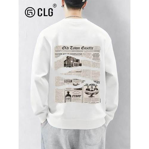 香港CLG潮牌美式重磅纯棉圆领卫衣男秋冬季字母印花宽松长袖上衣