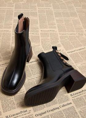 Craes Kally 简约耐看！英伦风方头切尔西靴女士秋冬加绒粗跟靴子